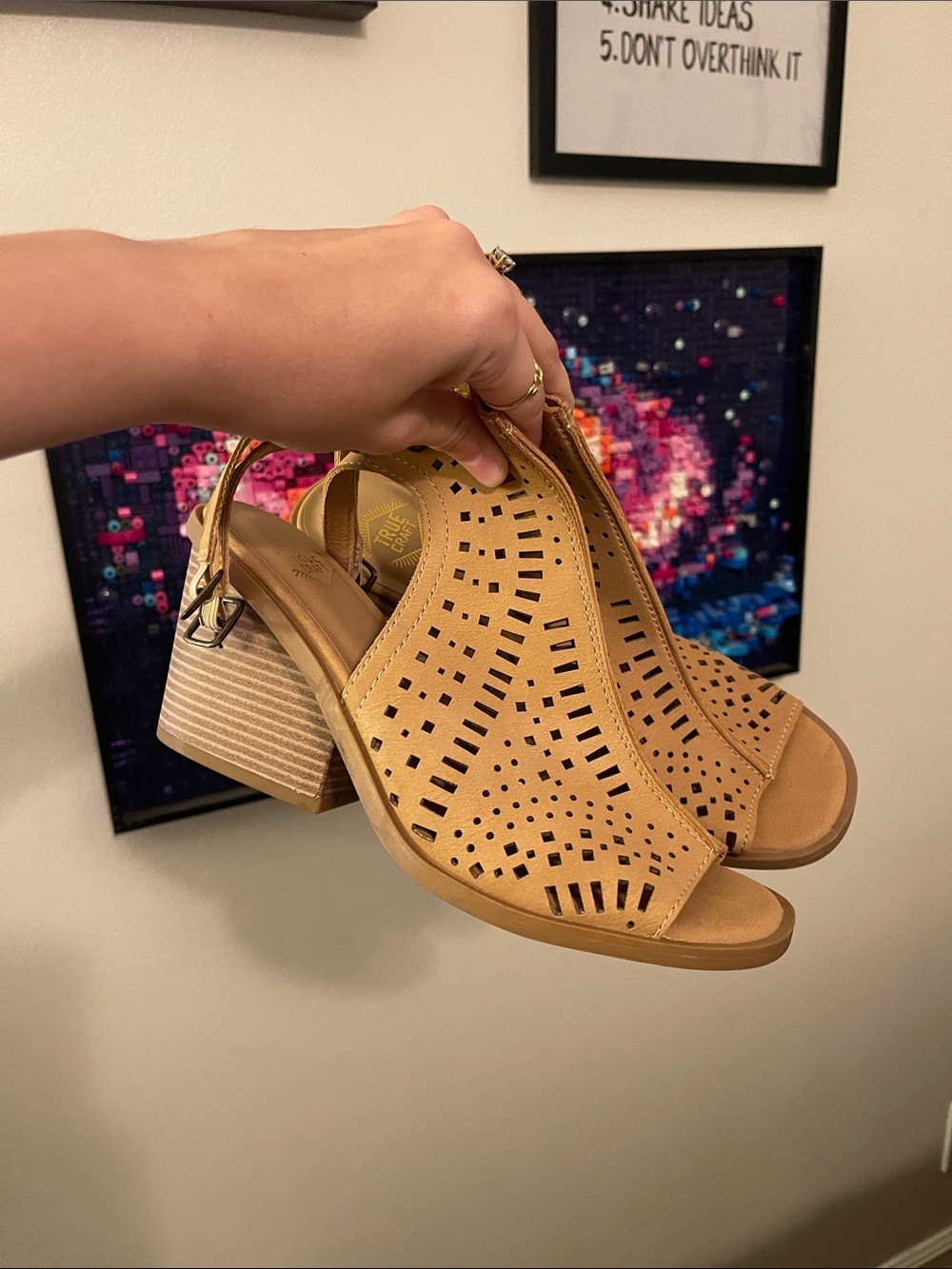 True Craft Tan Laser-Cut Block Heel Slingback Sandals